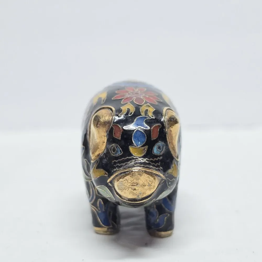 Vintage Cloisonne Pig Brass Enamel Figurine Floral Multicolor Traditional